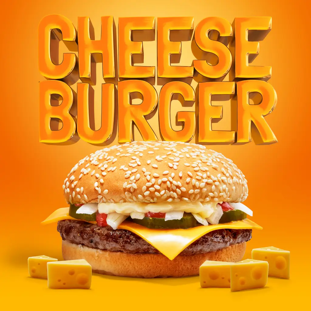 Köstlicher Cheeseburger auf einem orangenen Hintergrund mit 3D-Text