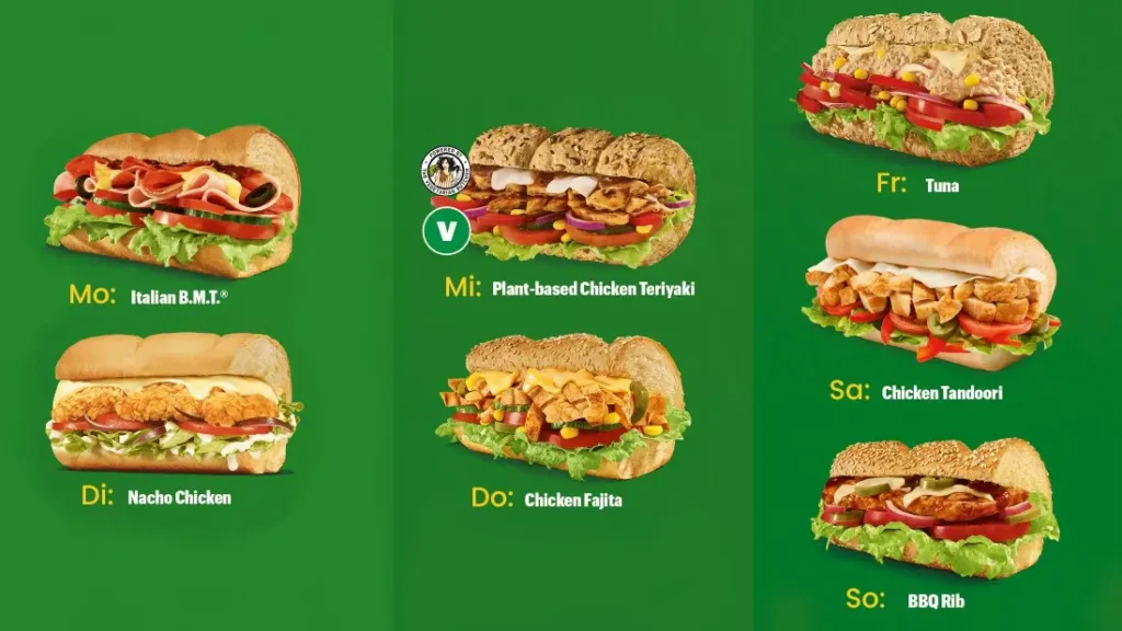 Sub des Tages heute von Subway Übersicht Montag, Dienstag, Mittwoch, Donnerstag, Freitag, Samstag und Sonntag Sub 2026.