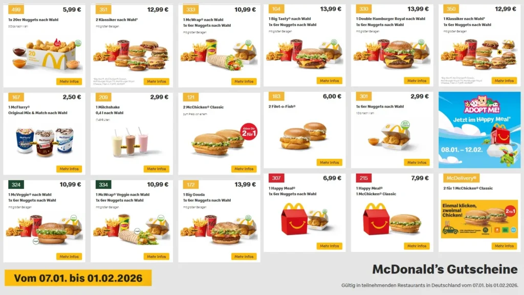 McDonalds Gutscheine mit Codes 2026 Januar gültig bis 01.02.2026